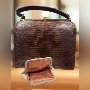 STUNNING Vintage Brown Reptile Leather Handbag, Coin Purse, and Mirror